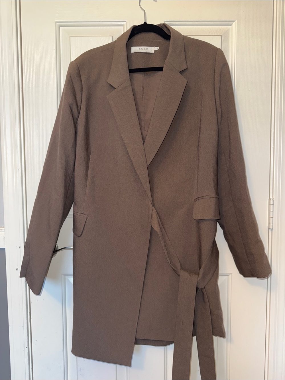 Astr Taupe Wrap Trench with Back Cutout and Tie Waist - Picture 2 of 8